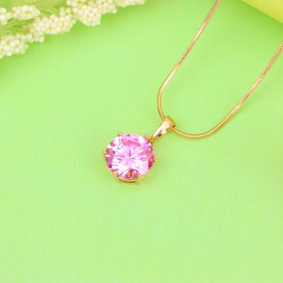 "Brilliant Round Pink Stone Rose Gold Pendant Sparkling Charm, XPPT1599 - Picture 2 of 13